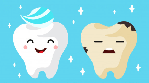  Illustriertes Bild eines lächelnden sauberen und schmutzigen traurigen Zahns, der Hygiene darstellt